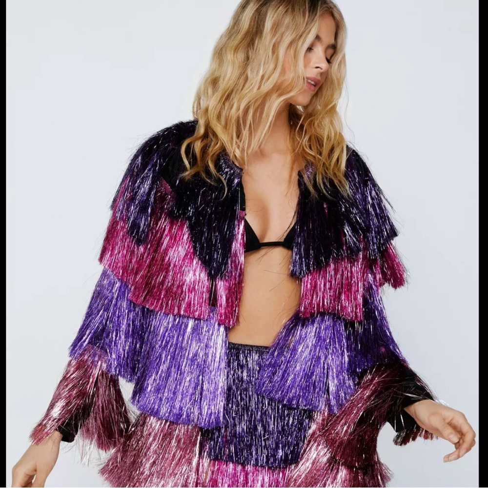 Nasty Gal Metallic Tiered Tinsel Fringe Open Front jacket! 

Just the jacket!